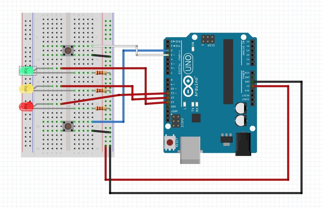 Multiple LEDs and control buttons wired on breadboard